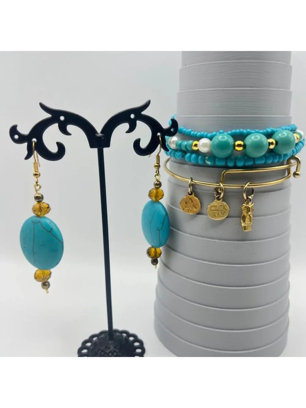 Boho Bracelet Stack Clea Ray Owl Turquoise Howlite Glass Bead Earrings Gold Tone - Picture 1 of 10